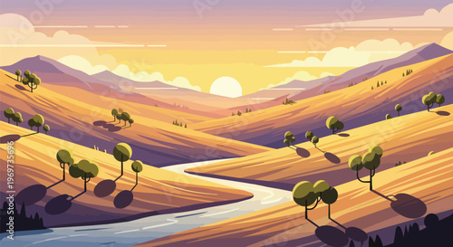 Pixel Art Landscape with Winding River and Golden Hills at Sunset