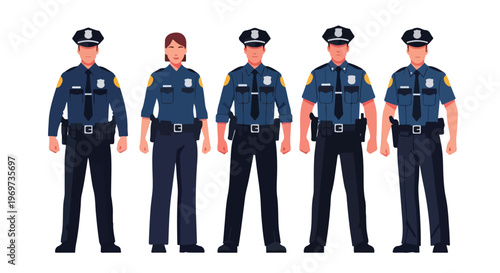 A set of police officer flat vector style, no outlines, symmetrical and neat, white backdrop.