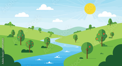 Flat Vector Landscape Illustration with Winding River and Green Hills