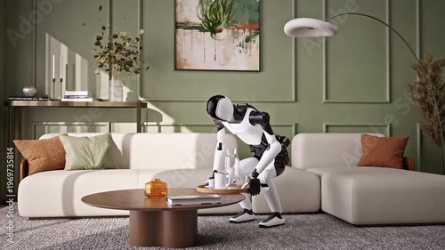 Wallpaper Mural AI-powered humanoid robot cleans an apartment, picking up dirty dishes in a modern living room. Advanced household and housekeeping automation. Future smart home technology. 3d animation rendering Torontodigital.ca