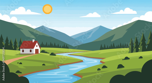 Flat Vector Illustration of a Peaceful Countryside Landscape with a House and River