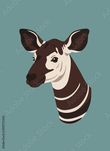Okapi head illustration, unique zebra-like stripes on legs, African forest dweller, graphic animal art.