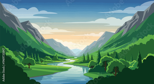 Scenic Mountain River Valley Landscape Vector Illustration