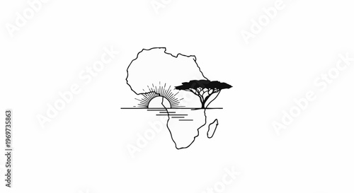 Silhouette of Africa with sunrise and tree over water