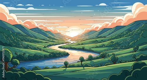 Pixel Art Landscape Featuring a Winding River Through Lush Green Hills at Sunset