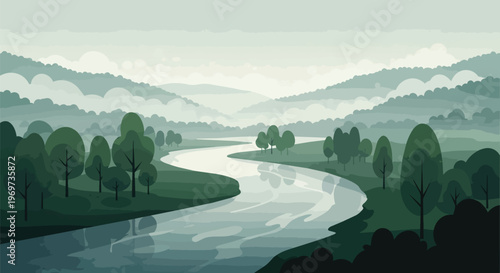 Serene River Landscape with Misty Mountains and Green Forest Vector Illustration
