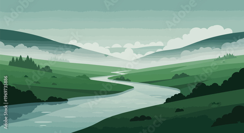 Pixel Art Landscape with Winding River and Misty Green Hills