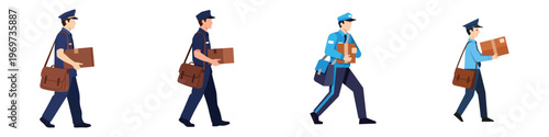 Set of postal worker carrying a brown package and a mailbag, minimalist flat art, no stroke, white background.