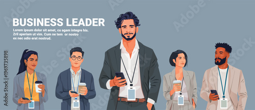 Business leader team professional diverse group people standing together holding coffee and smartphones office background business concept banner