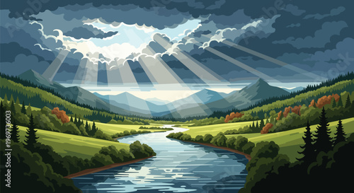 Scenic Landscape with Winding River and Sunbeams Breaking Through Stormy Clouds