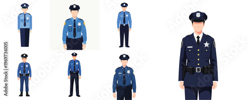 A set of police officer flat vector style, no outlines, symmetrical and neat, white backdrop.