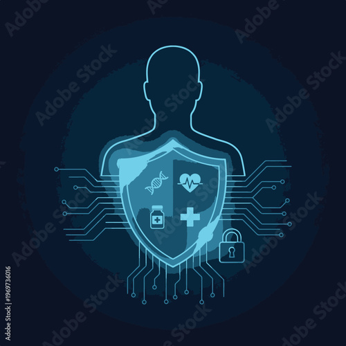 Health vector data privacy concept, human silhouette protected by shield with medical data icons.eps
