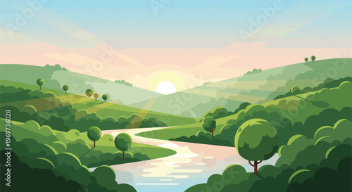 Scenic Landscape with Winding River and Rolling Green Hills at Sunrise