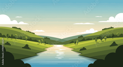 Flat Vector Landscape Illustration of a Peaceful River Valley at Sunrise