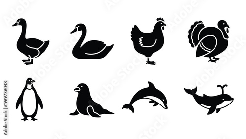 A collection of black silhouettes depicting various waterfowl birds and marine animals against a white background silhouette high quality professional detailed