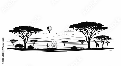 Silhouette of African savanna with animals, trees, and hot air balloon