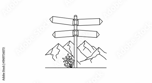 Mountain scene with a signpost and alpine flower