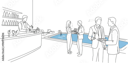 Bartender serving cocktails to guests by the poolside bar at a modern resort