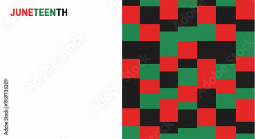 Abstract graphic design featuring "JUNETEENTH" text alongside a vibrant checkerboard pattern for Juneteenth holiday. Red, green, black squares create striking visual,