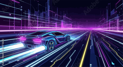 Digital speed visualized by sleek futuristic car on neon glowing highway, leaving energetic light trails. Digital speed represents rapid data flow, connectivity, advancing technology.