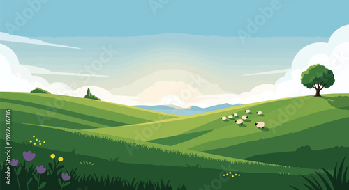 Idyllic Green Rolling Hills Landscape with Grazing Sheep and Sunrise Sky