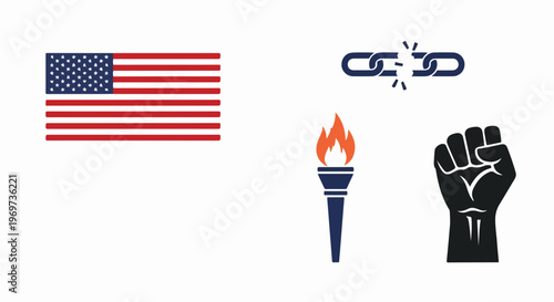 American flag, broken chain, torch, raised fist are freedom symbols. These powerful freedom symbols represent human rights, independence, justice. Use freedom symbols for social campaigns, education,