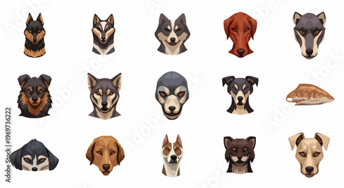 Stylized dog faces, diverse breeds on white background. Each dog face shows unique fur patterns, colors, expressions, ideal for pet care concepts. Charming dog faces enhance animal themed projects.