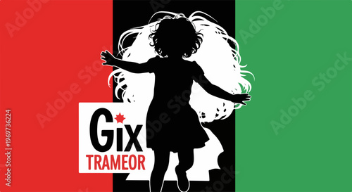 Black child silhouette with white curly hair, arms wide, on red, black, green background. Dynamic child silhouette with vivid colors, white logo text. Conceptual child silhouette for playful design,