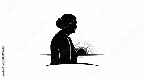 Silhouette of an older woman facing right, with a sunrise over water