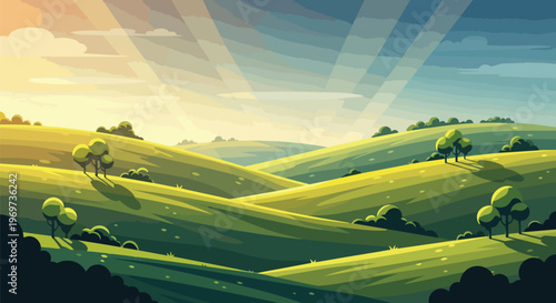 Pixel Art Rolling Green Hills Landscape at Sunrise