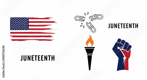 Juneteenth celebration with brush stroke American flag and freedom symbols. Juneteenth celebration includes broken chains, torch, and raised fist on white background.
