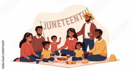Juneteenth celebration depicting diverse family enjoying outdoor picnic. Juneteenth celebration features happy Black adults and children, sharing food on blanket under festive banner,
