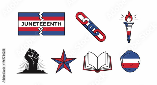 Juneteenth icons set shows symbolic broken flag, chain, and raised fist. Juneteenth icons feature illuminating torch, star, open book, and commemorative emblem. Juneteenth icons ideal for education,