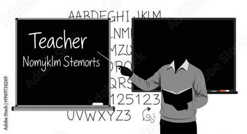 Blackboard with "Teacher" written, symbolizing teacher education concept. Illustration shows headless instructor pointing at chalkboard, a representation of teacher education development.