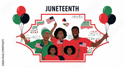 Juneteenth celebration depicts African American family holding flags, balloons. Juneteenth celebration portrays smiling adults, children celebrating freedom, unity, heritage.