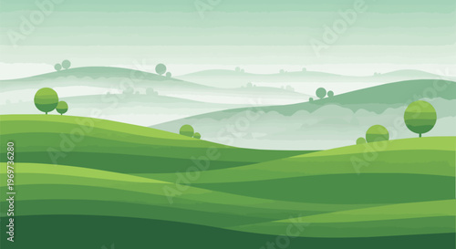 Minimalist Green Rolling Hills Landscape with Foggy Horizon