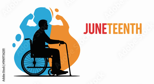 Juneteenth celebration featuring person in wheelchair with abstract strong arm silhouettes, symbolizing resilience. Juneteenth celebration promotes freedom and equality,
