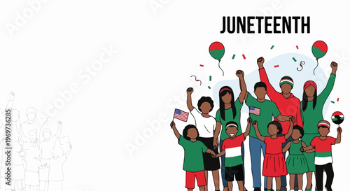 Juneteenth celebration shows diverse people, hands raised. Juneteenth celebration family in red, green, black holds flags, balloons. Juneteenth celebration art for education, awareness.