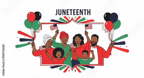 Juneteenth celebration depicting African American families holding flags with balloons. Juneteenth celebration features diverse people, adults and children, expressing joy for freedom.