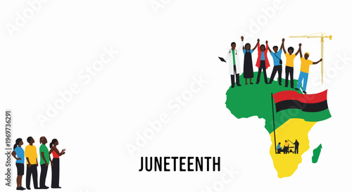 Juneteenth graphic shows diverse silhouettes on Africa map with pan African flag colors. Juneteenth commemorates freedom, unity, and heritage, integrating symbolic historical elements.
