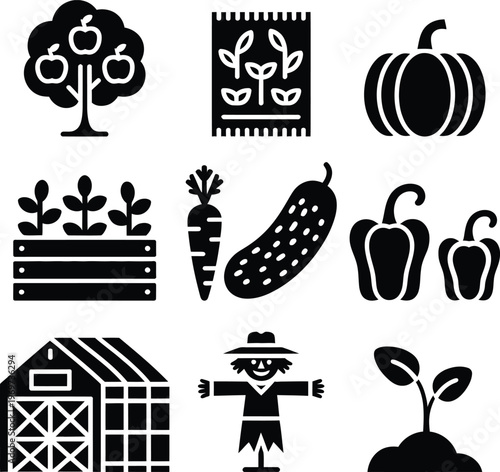 A collection of icons representing elements of a farm and harvest season