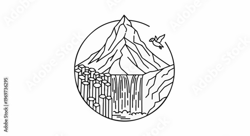 Mountain with waterfall, hexagonal rocks, and flying bird in a circle
