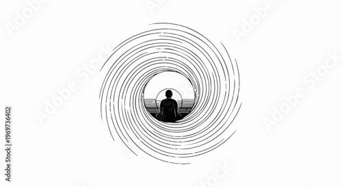 Silhouette of person meditating in a swirling vortex of lines with a circular horizon