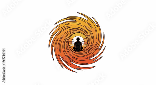 Silhouette of person meditating within a swirling vortex of sunset colors