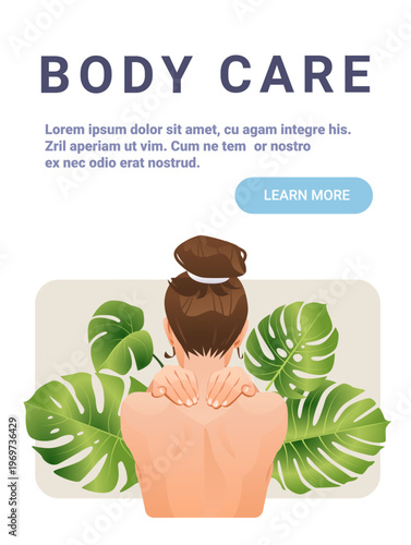 Body care wellness woman spa relaxation tropical leaves back view natural beauty self-care concept modern website banner template