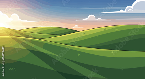 Pixel Art Green Rolling Hills Landscape with Sunset Sky