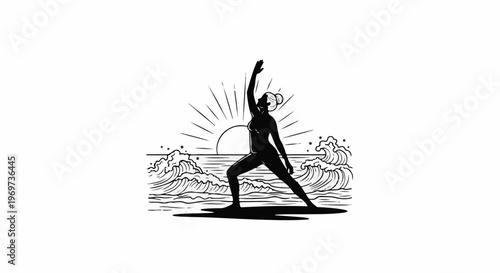 Silhouette of woman in yoga pose at sunrise on ocean with waves