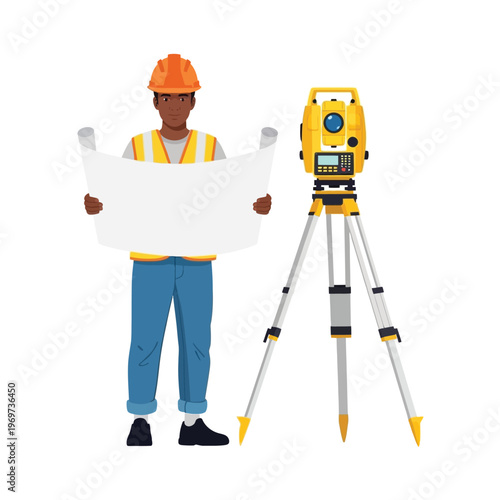 Construction worker holding blueprints next to a surveying instrument, professional engineer overseeing project development