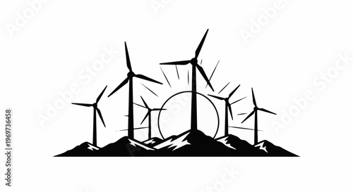 Silhouette of wind turbines on mountains against a sunburst