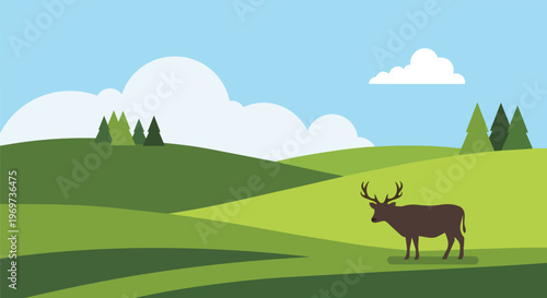 Flat vector illustration of a deer standing on green rolling hills in a peaceful nature landscape